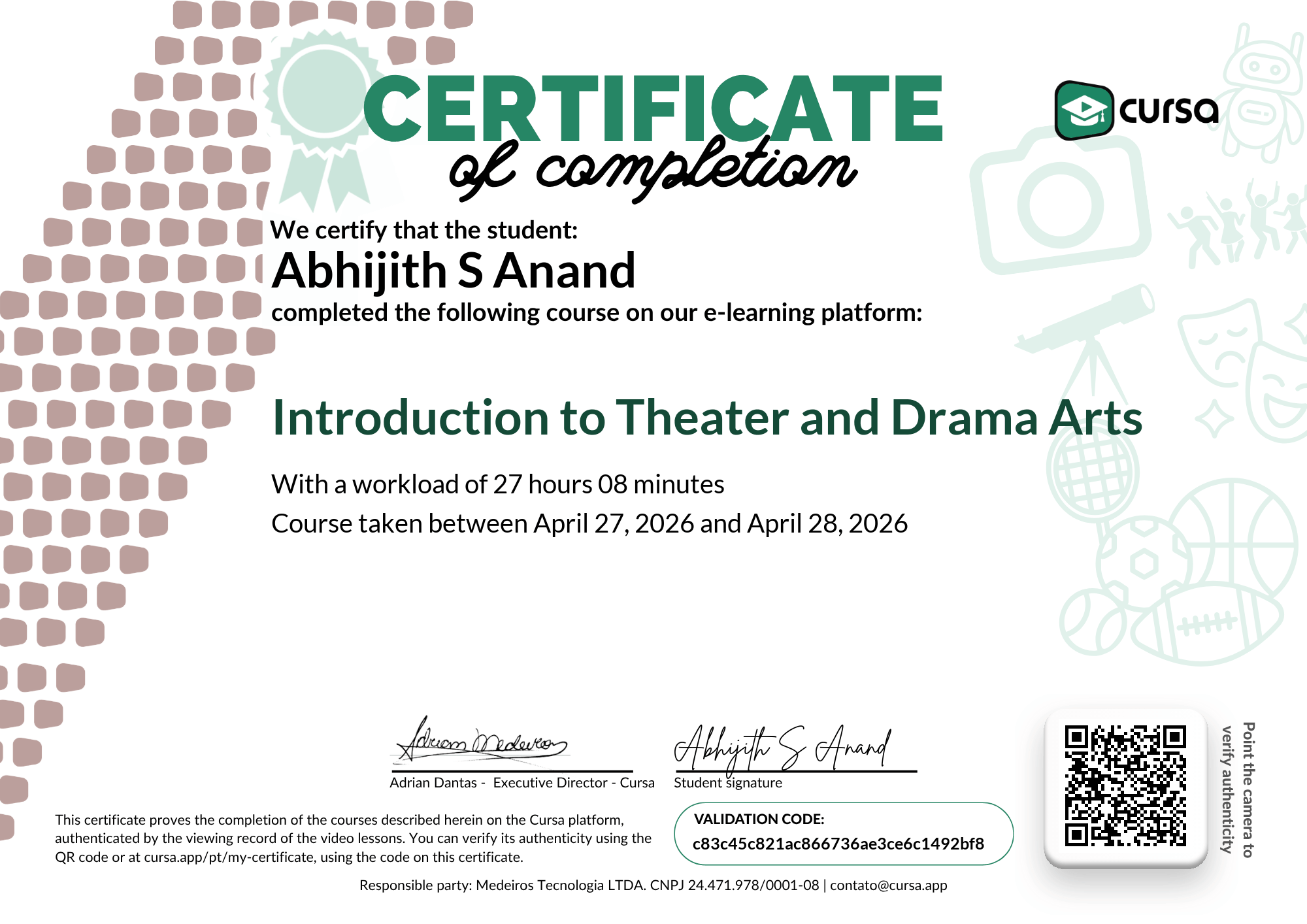 Image of my free Course Completion Certificate.