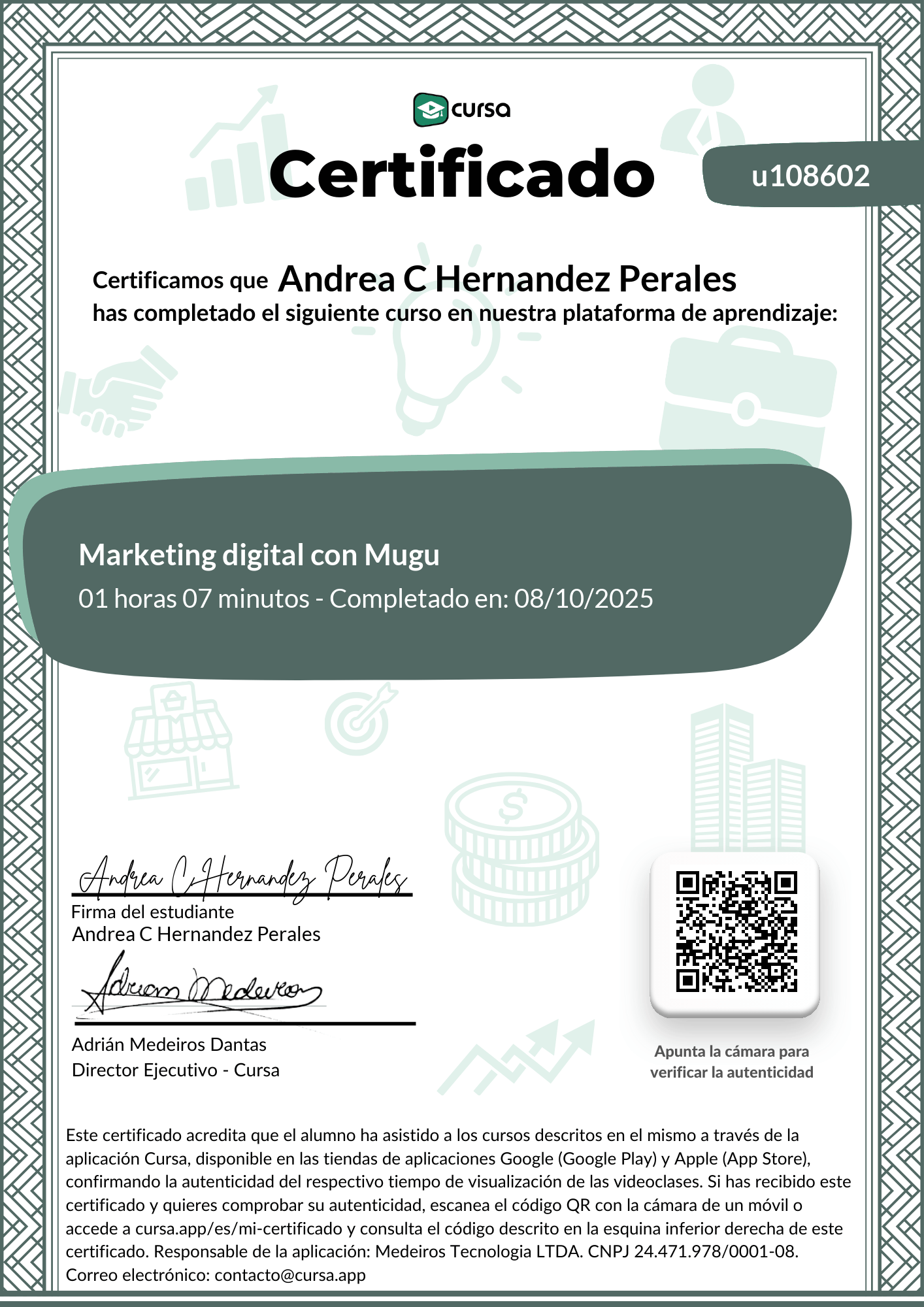 Imagen de mi Certificado de finalización del curso gratuito.