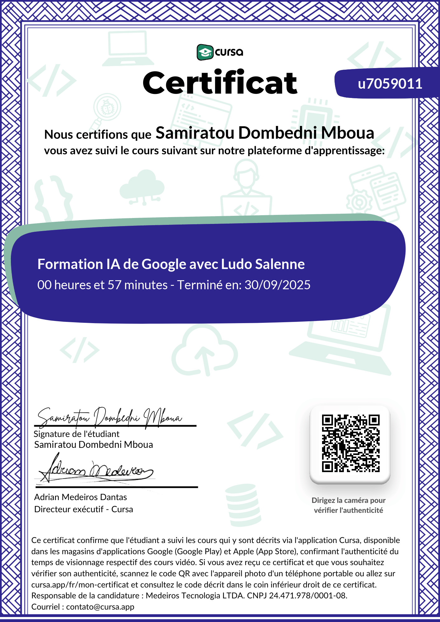 Image de mon certificat de fin de cours gratuit.