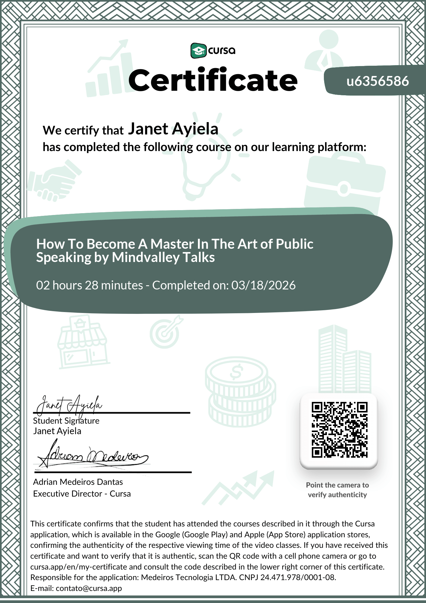 Image of my free Course Completion Certificate.