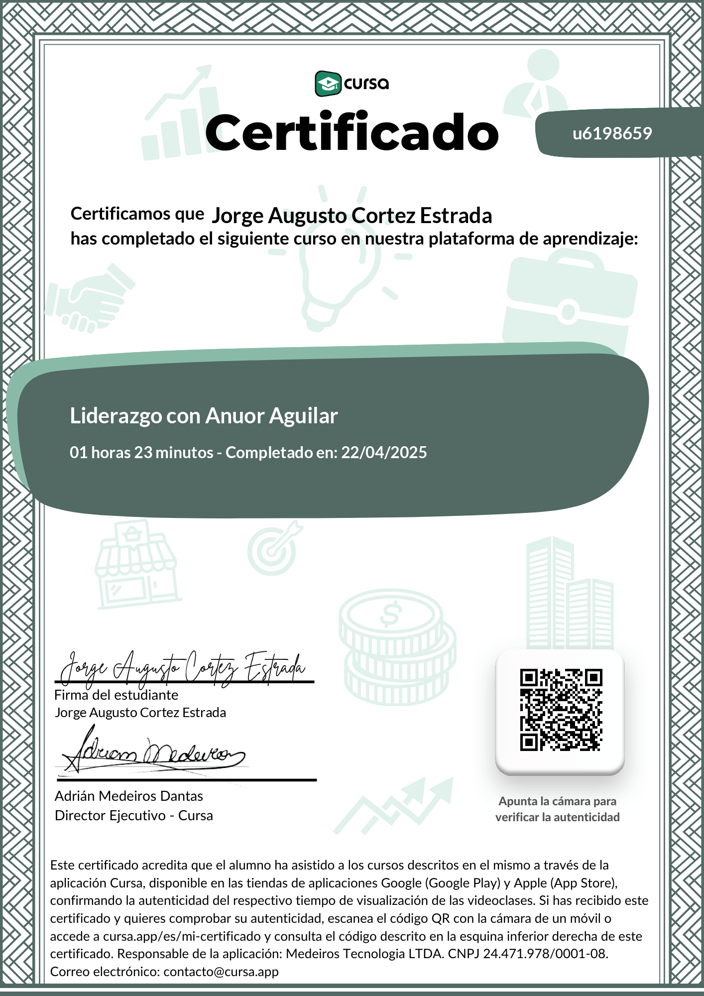Imagen de mi Certificado de finalización del curso gratuito.