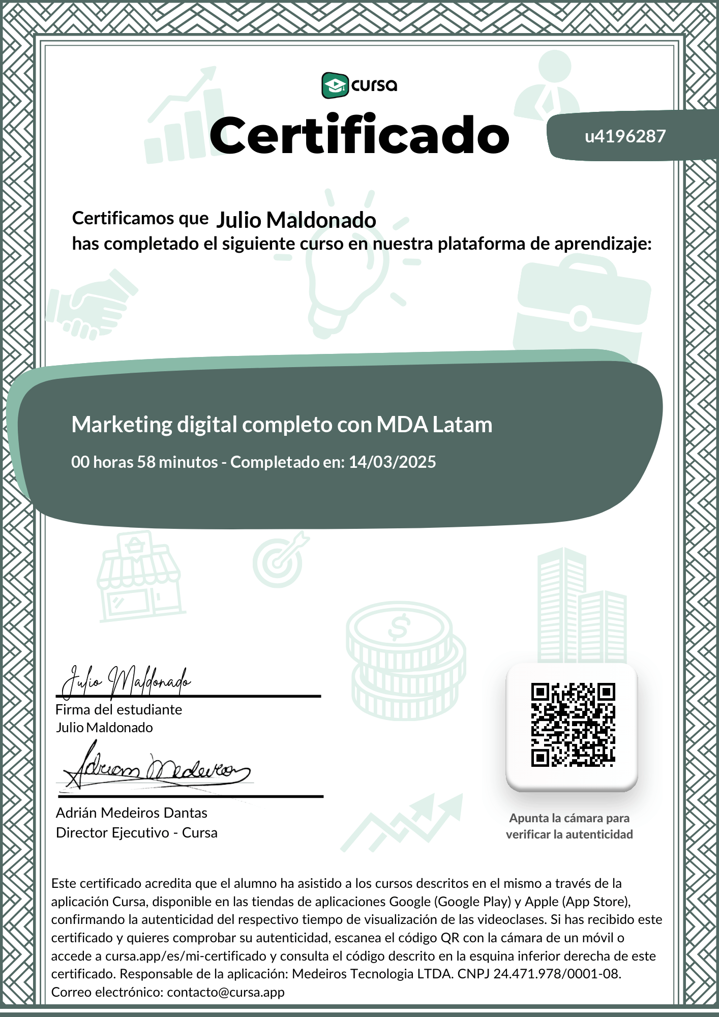 Imagen de mi Certificado de finalización del curso gratuito.