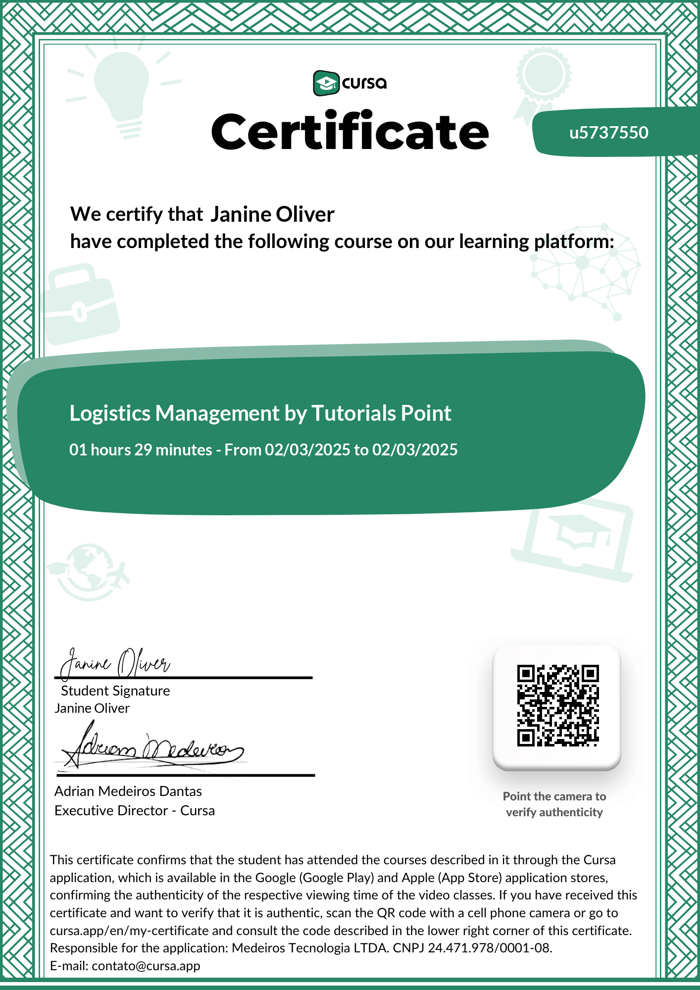Image of my free Course Completion Certificate.