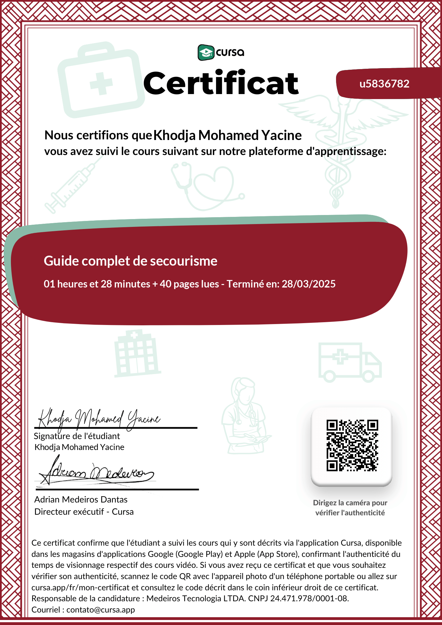 Image de mon certificat de fin de cours gratuit.