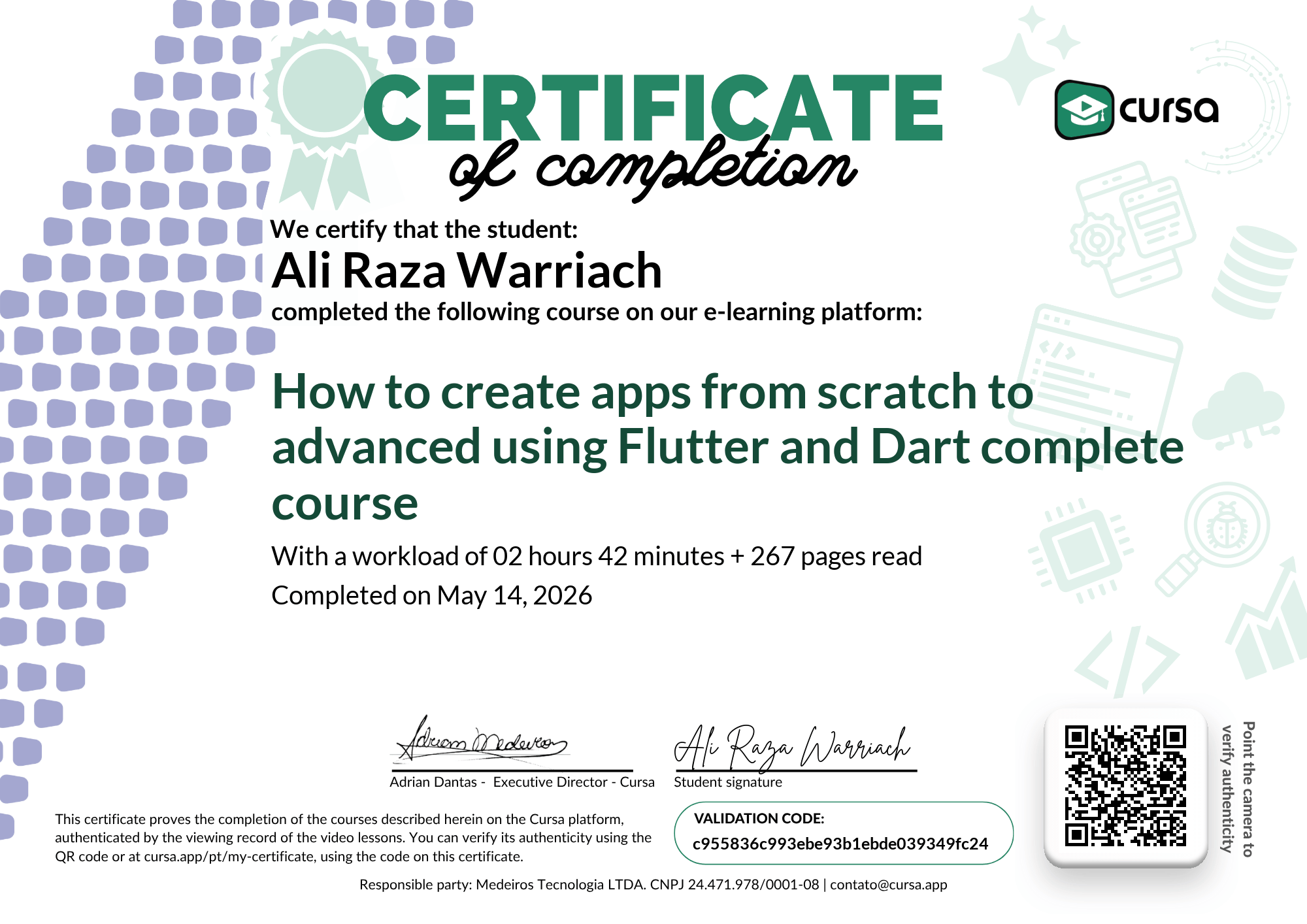 Image of my free Course Completion Certificate.