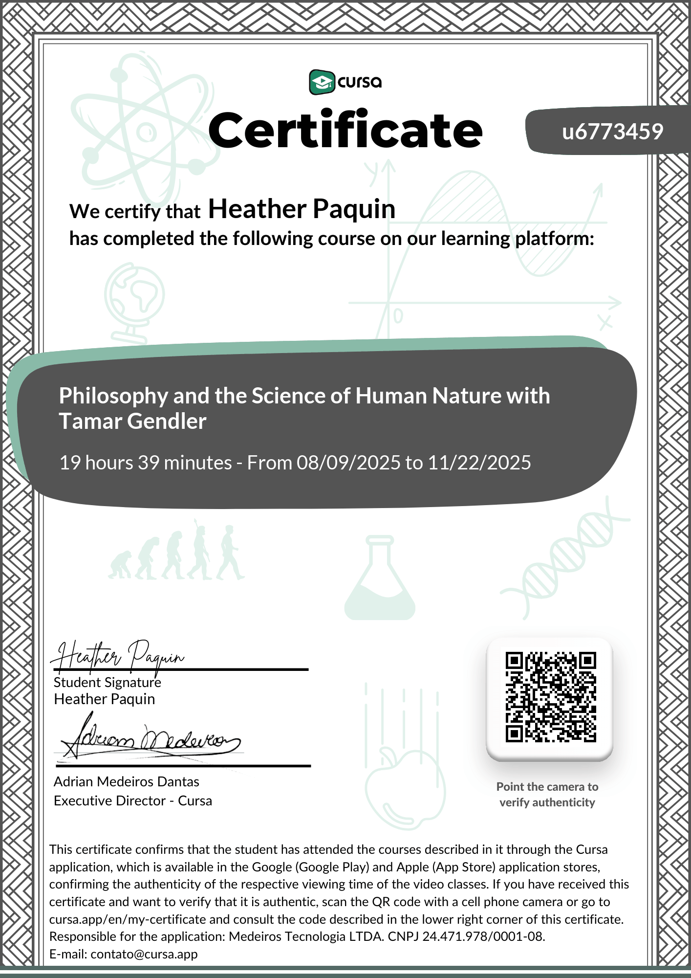 Image of my free Course Completion Certificate.