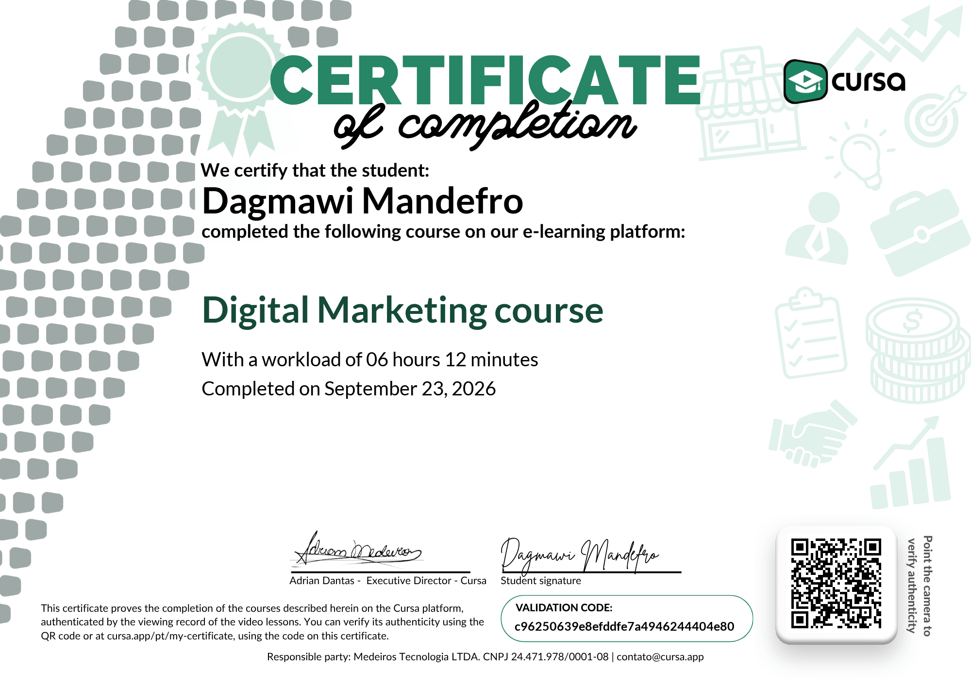 Image of my free Course Completion Certificate.