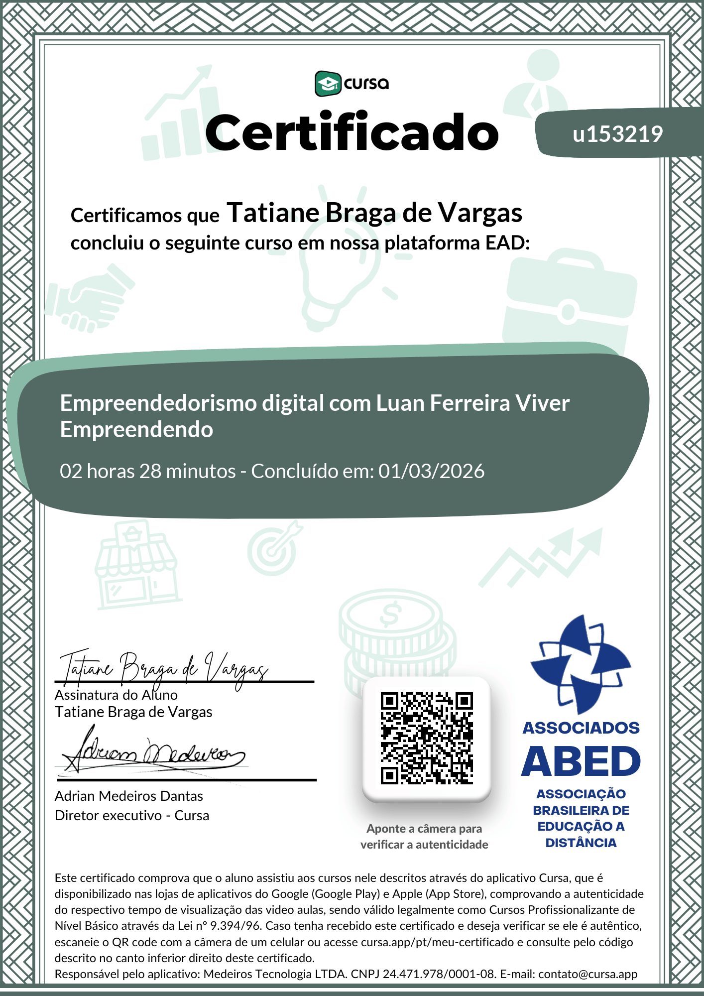 Imagem do meu Certificado gratuito de conclusão de curso.