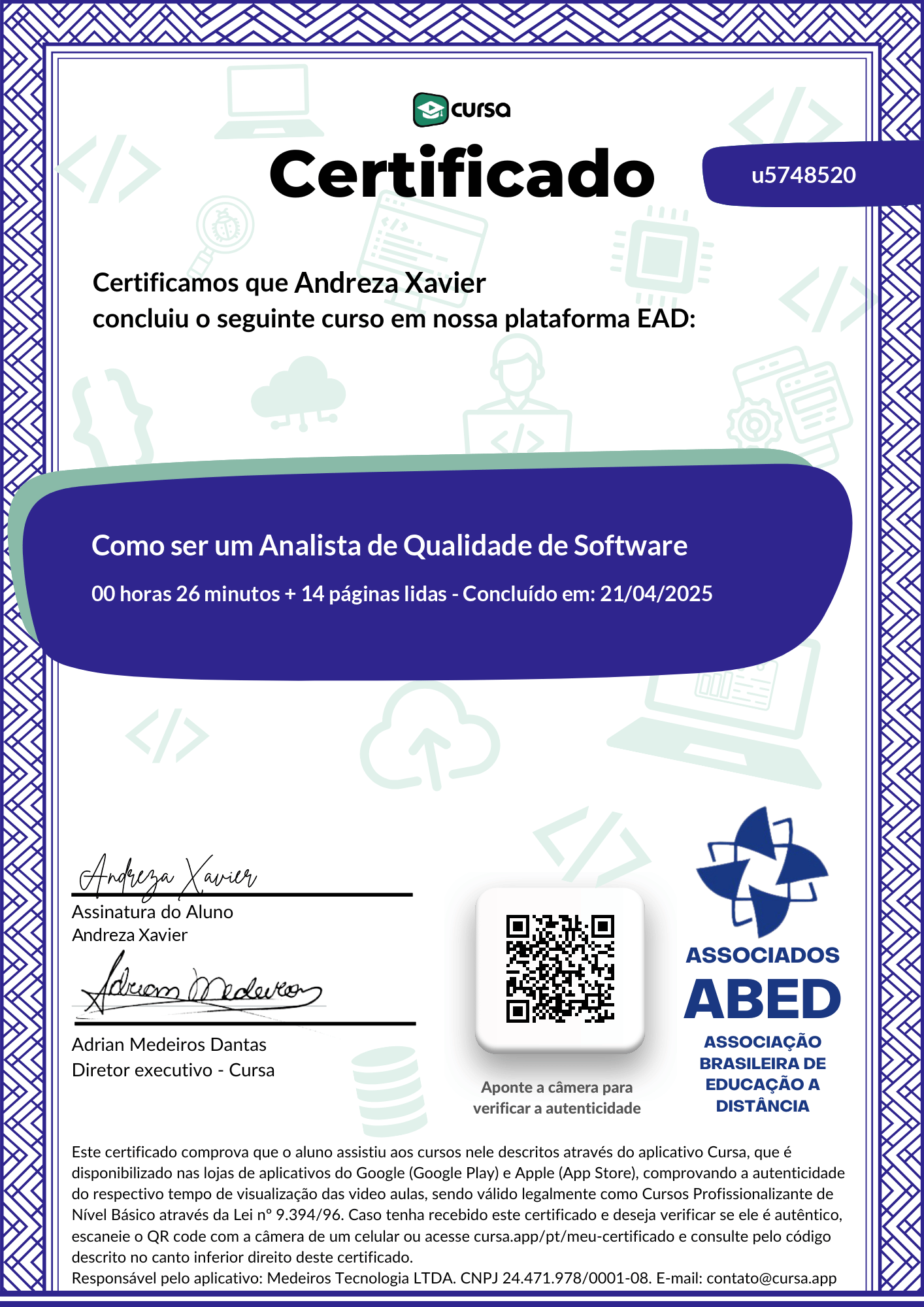 Imagem do meu Certificado gratuito de conclusão de curso.