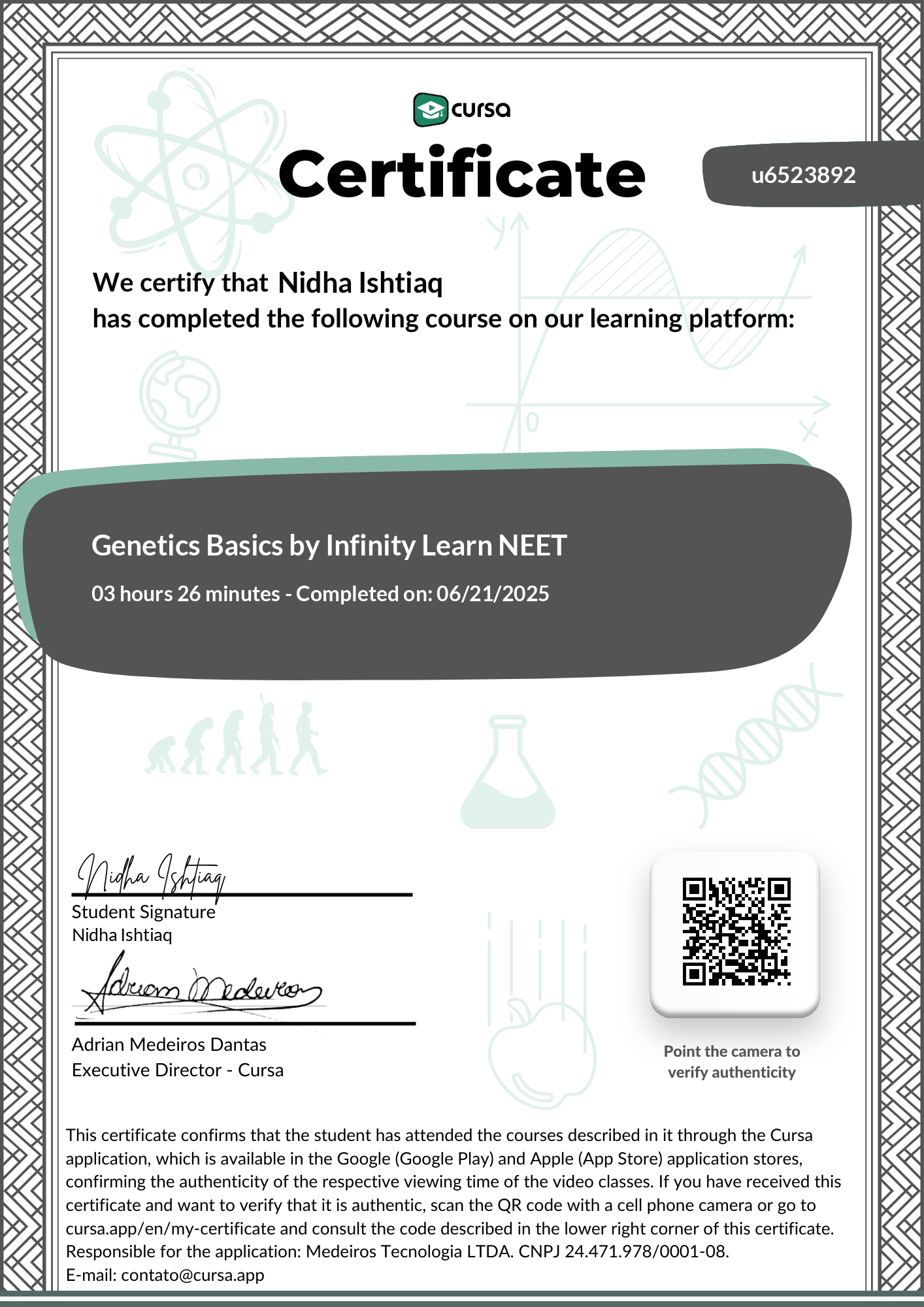 Image of my free Course Completion Certificate.