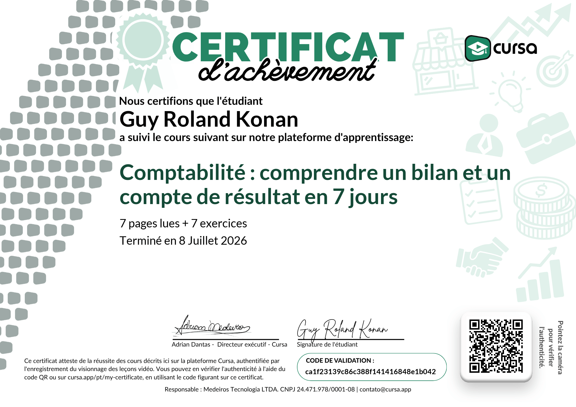 Image de mon certificat de fin de cours gratuit.