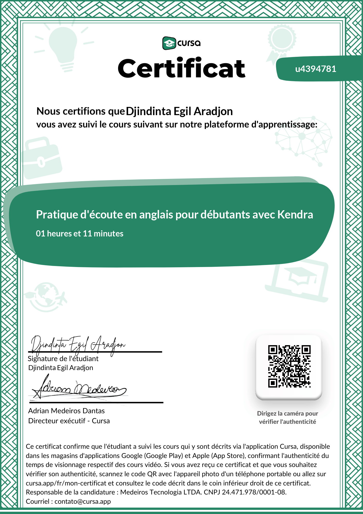 Image de mon certificat de fin de cours gratuit.