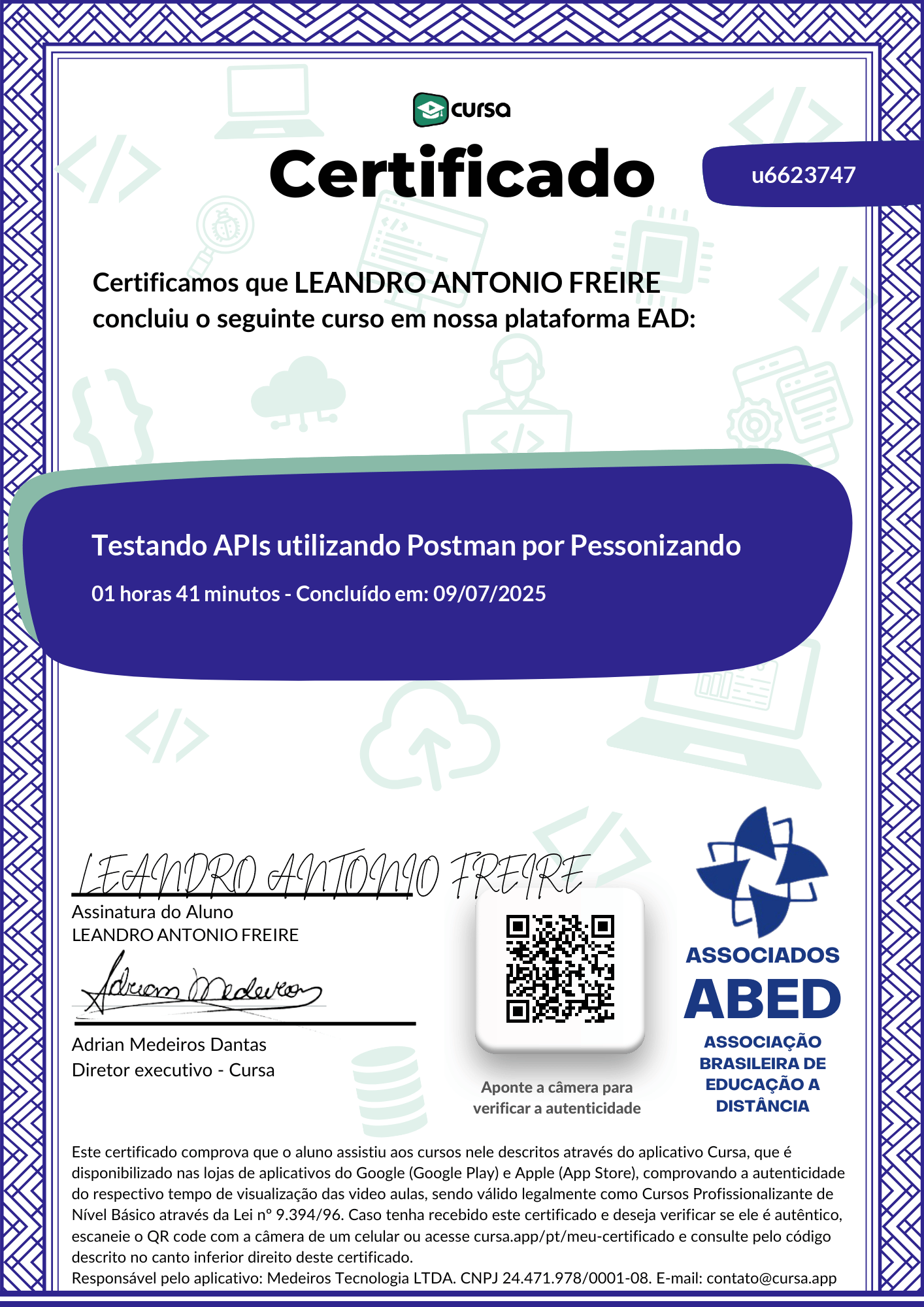 Imagem do meu Certificado gratuito de conclusão de curso.