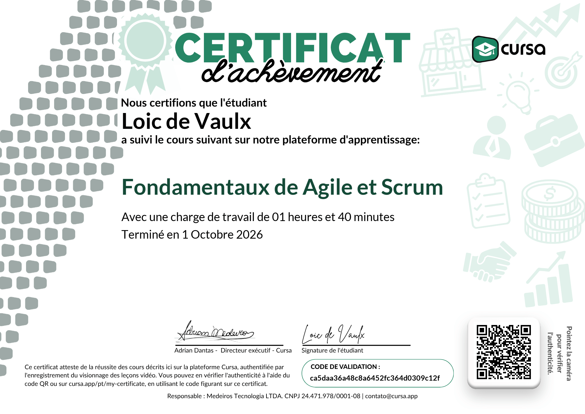 Image de mon certificat de fin de cours gratuit.