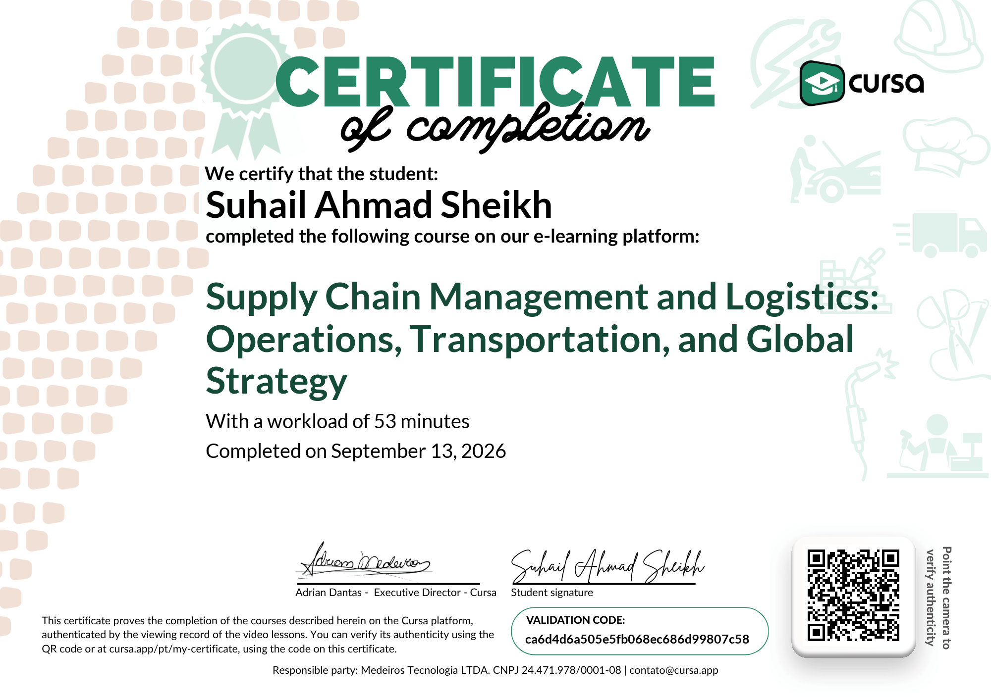 Image of my free Course Completion Certificate.