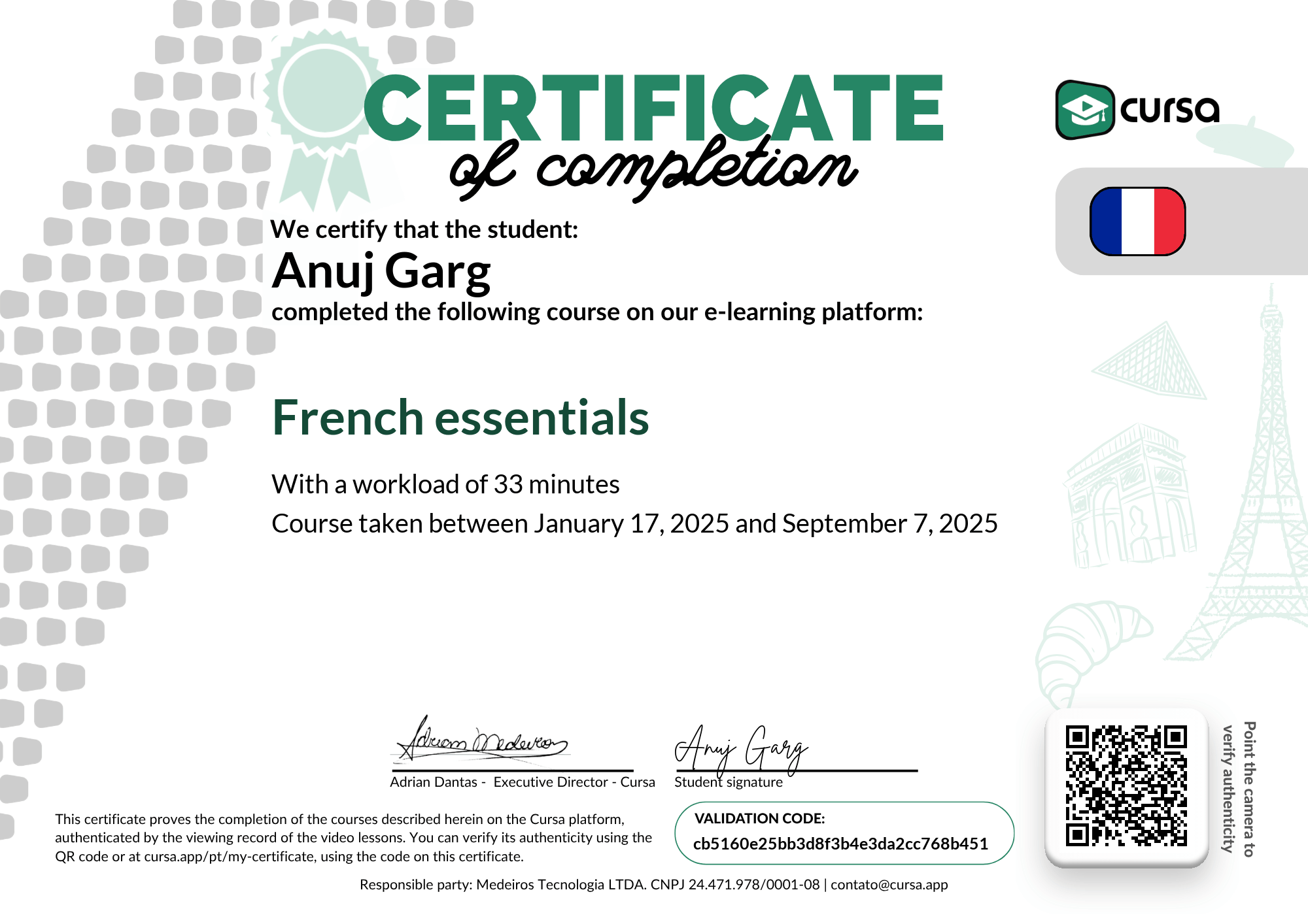 Image of my free Course Completion Certificate.