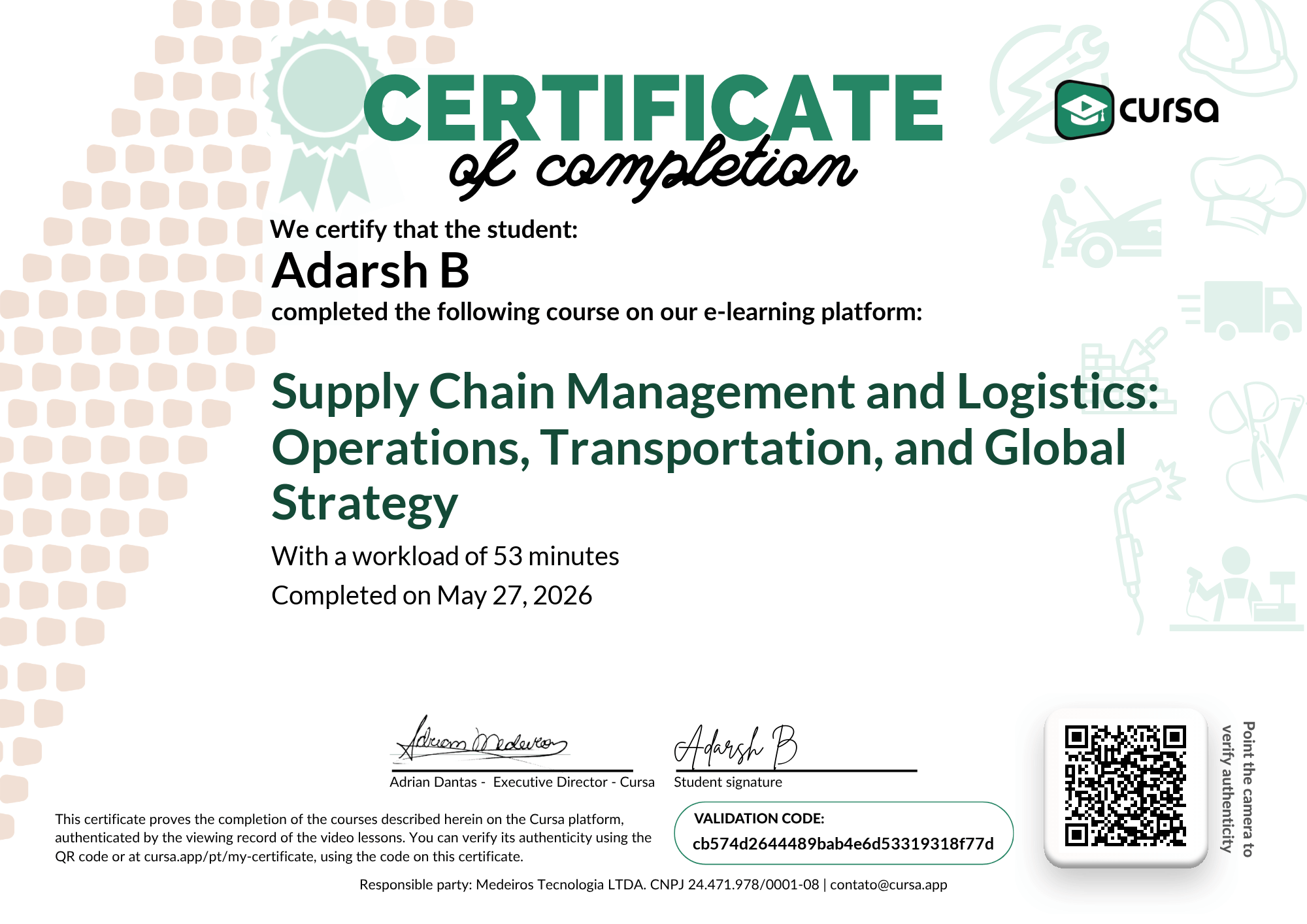 Image of my free Course Completion Certificate.