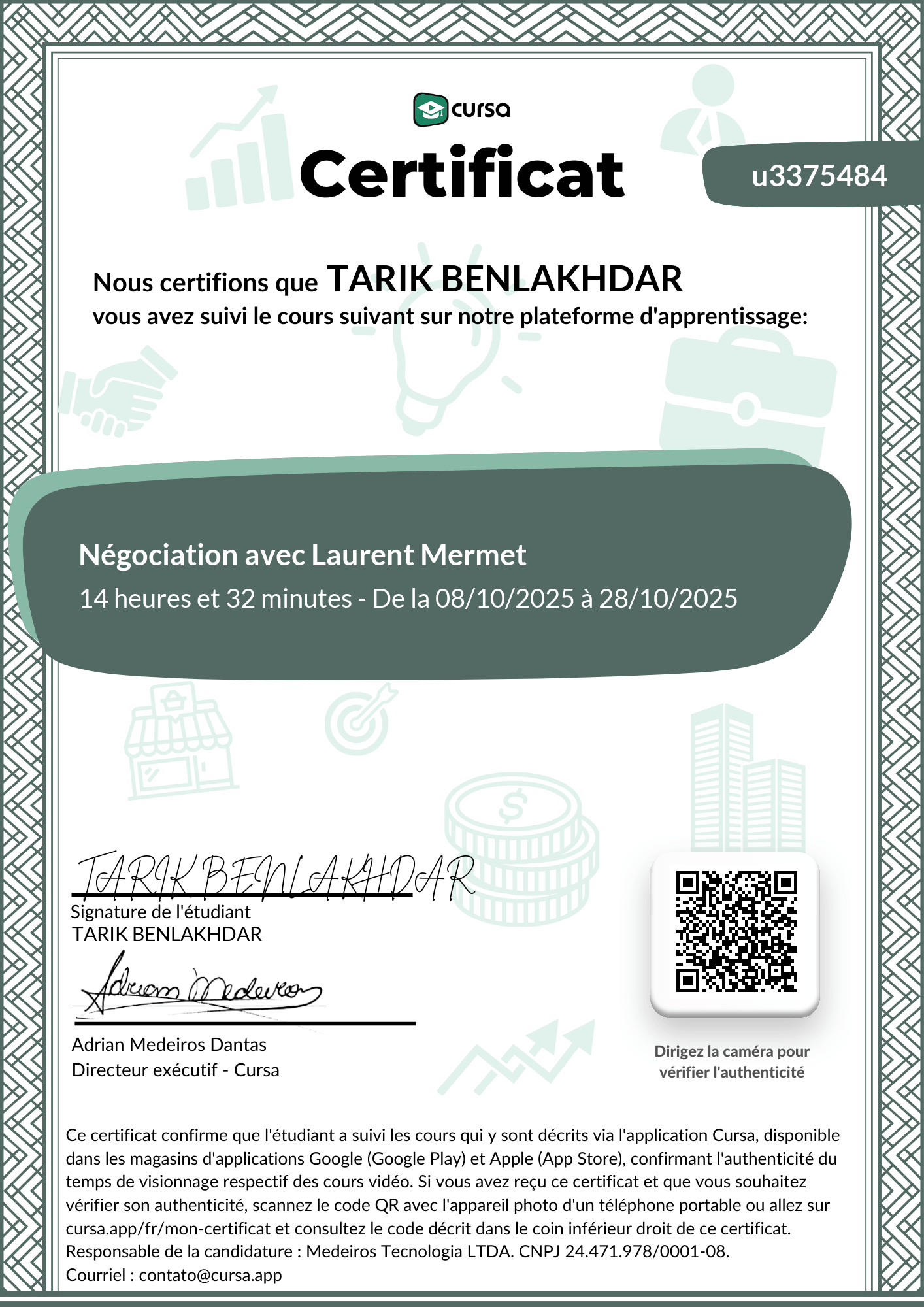 Image de mon certificat de fin de cours gratuit.