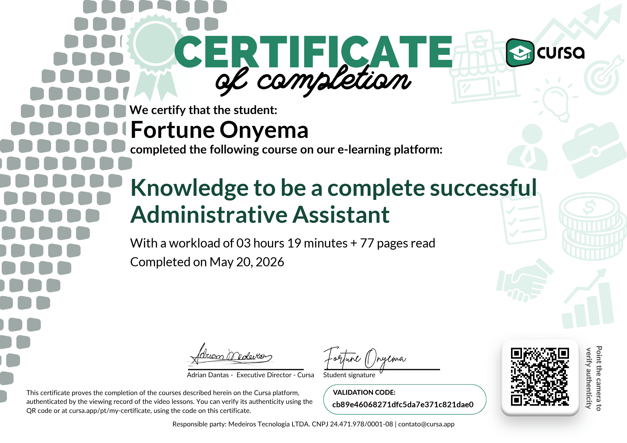 Image of my free Course Completion Certificate.
