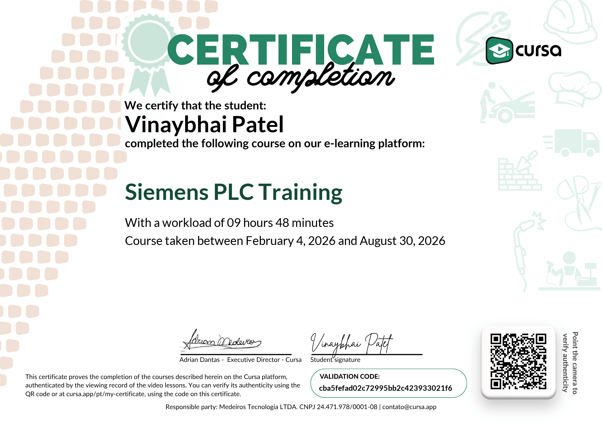 Image of my free Course Completion Certificate.