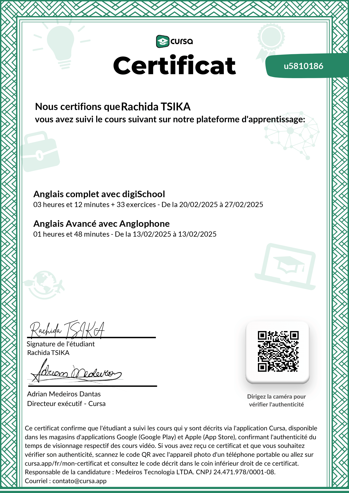 Image de mon certificat de fin de cours gratuit.