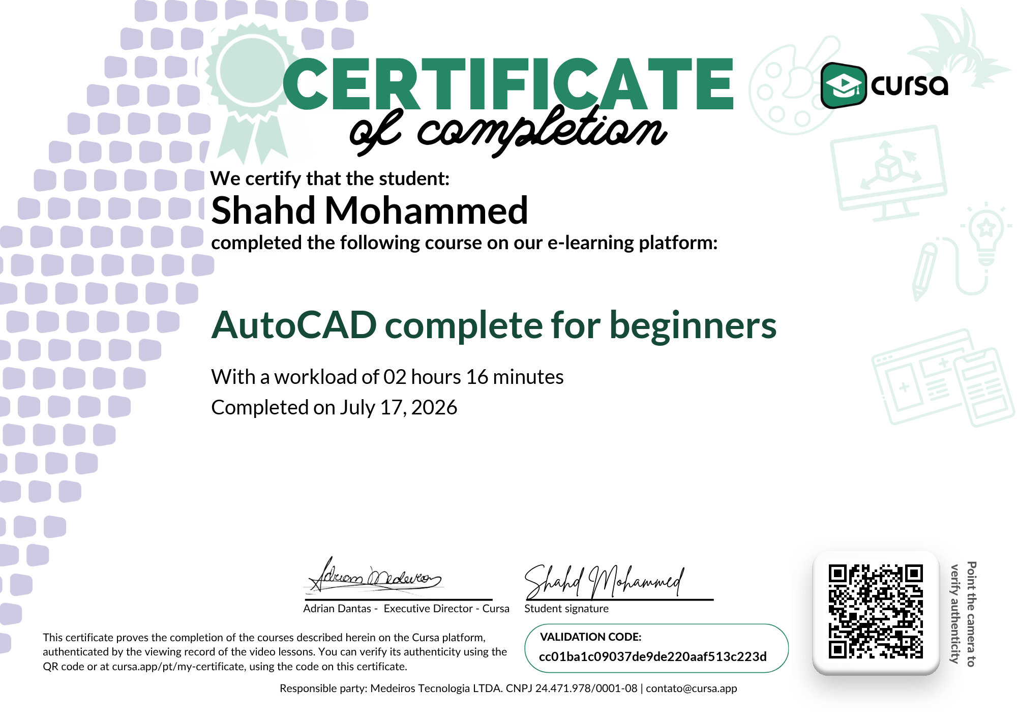 Image of my free Course Completion Certificate.