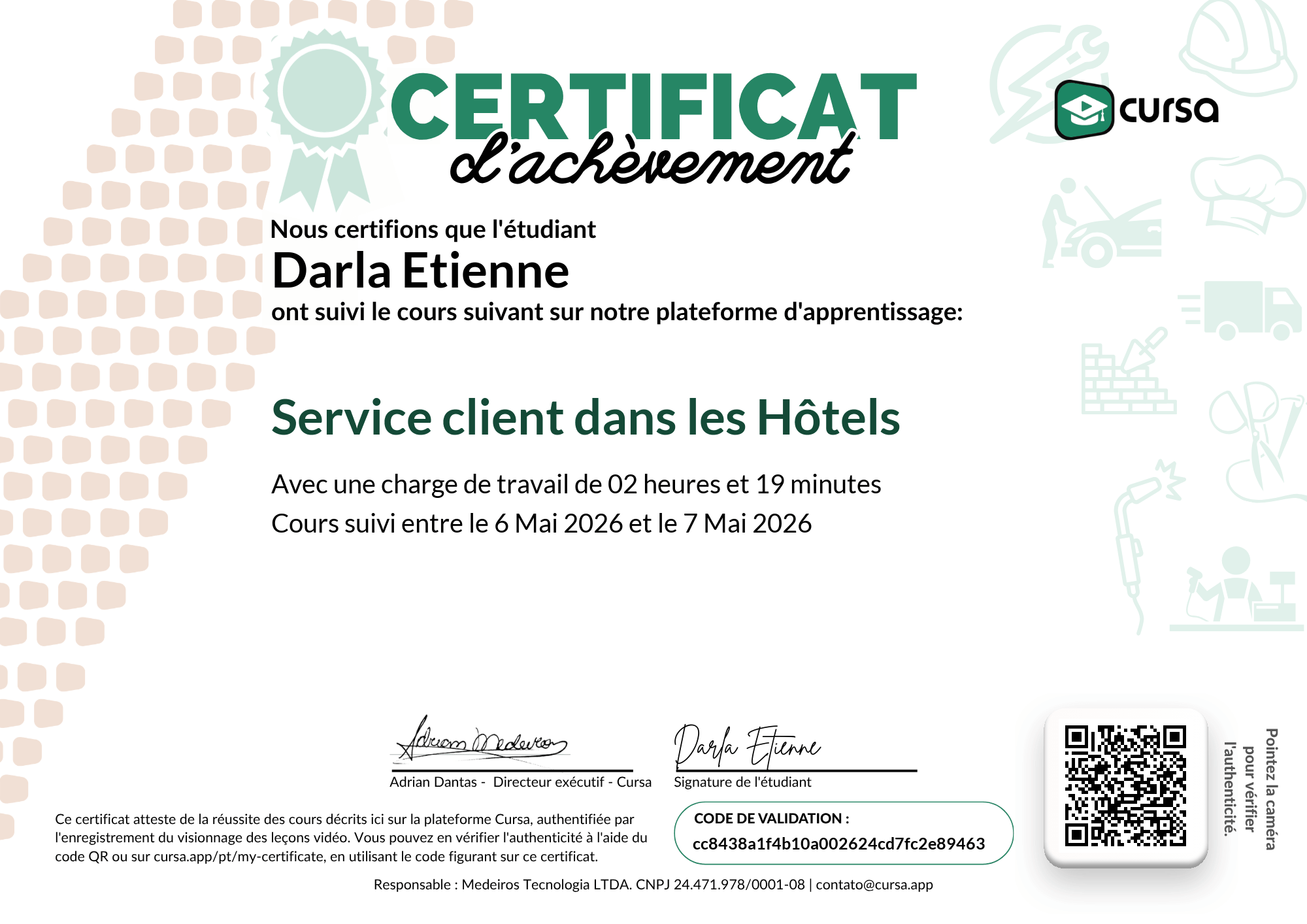 Image de mon certificat de fin de cours gratuit.