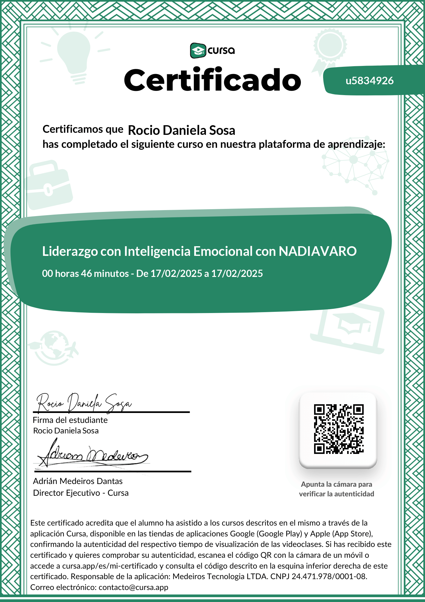 Imagen de mi Certificado de finalización del curso gratuito.