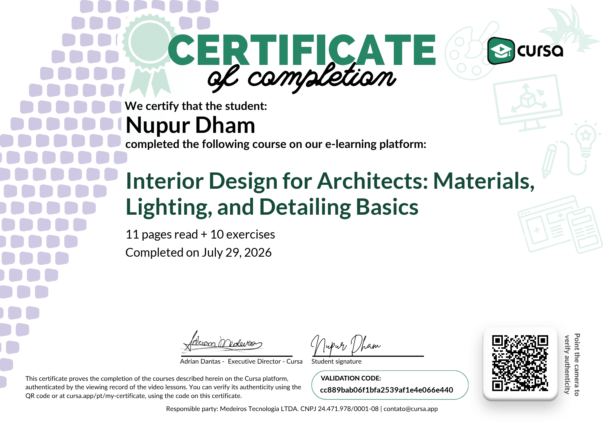 Image of my free Course Completion Certificate.