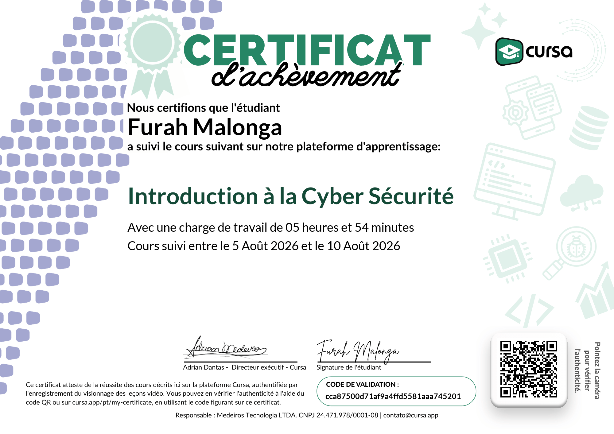 Image de mon certificat de fin de cours gratuit.