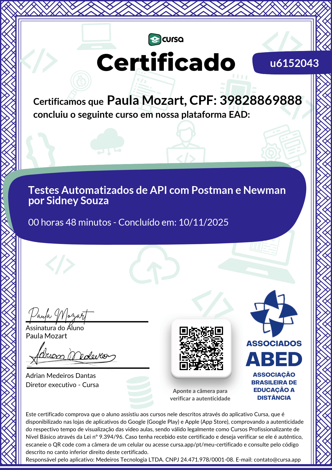 Imagem do meu Certificado gratuito de conclusão de curso.