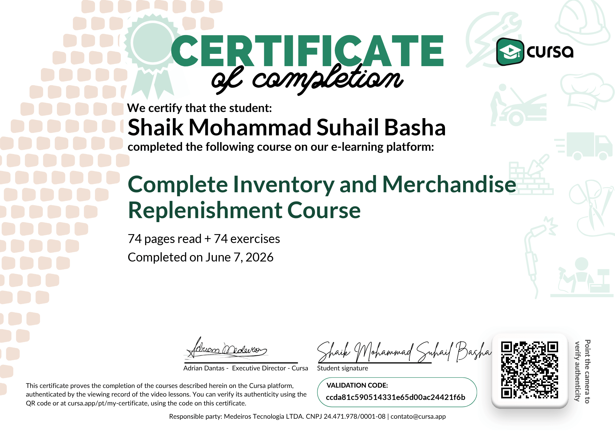 Image of my free Course Completion Certificate.