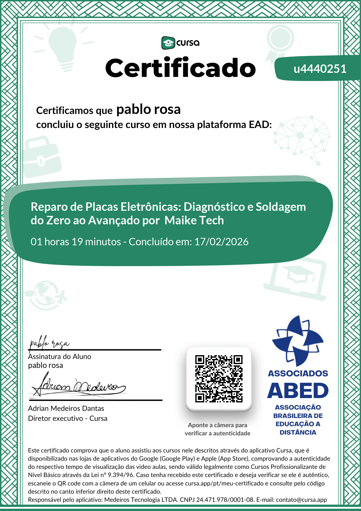 Imagem do meu Certificado gratuito de conclusão de curso.
