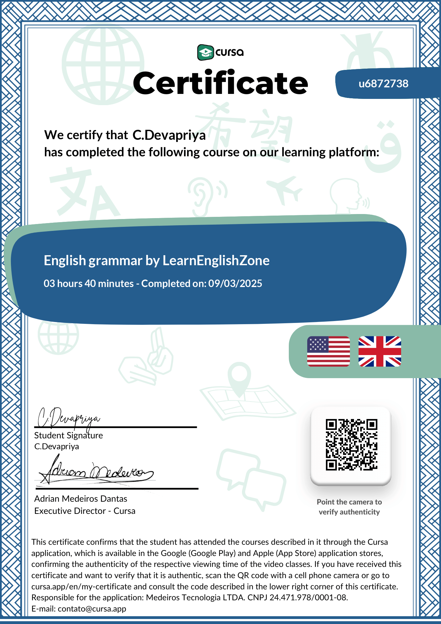 Image of my free Course Completion Certificate.