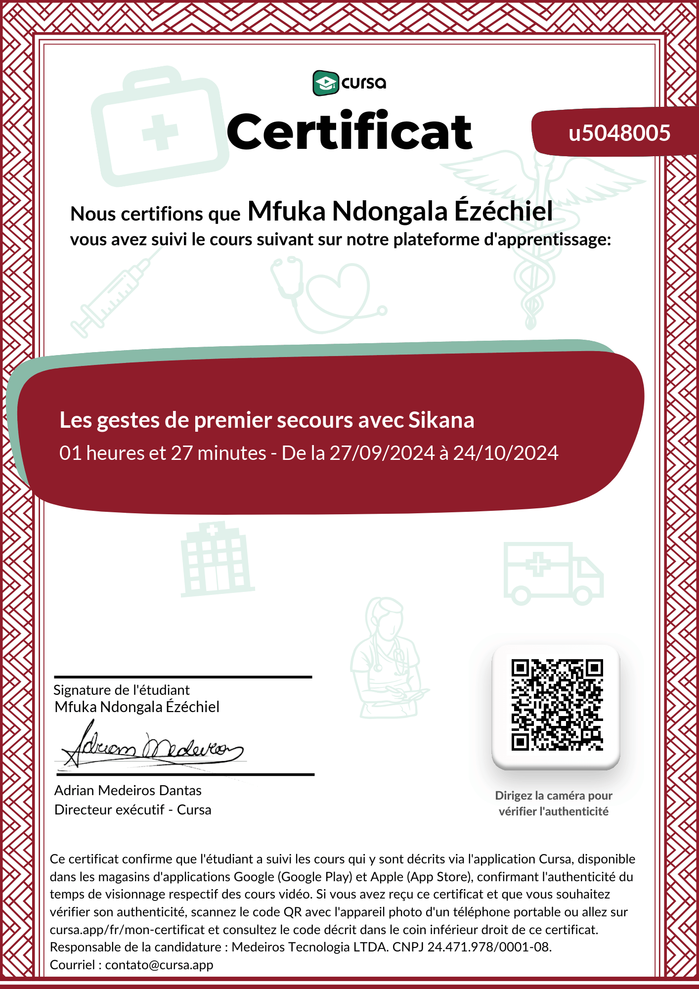 Image de mon certificat de fin de cours gratuit.