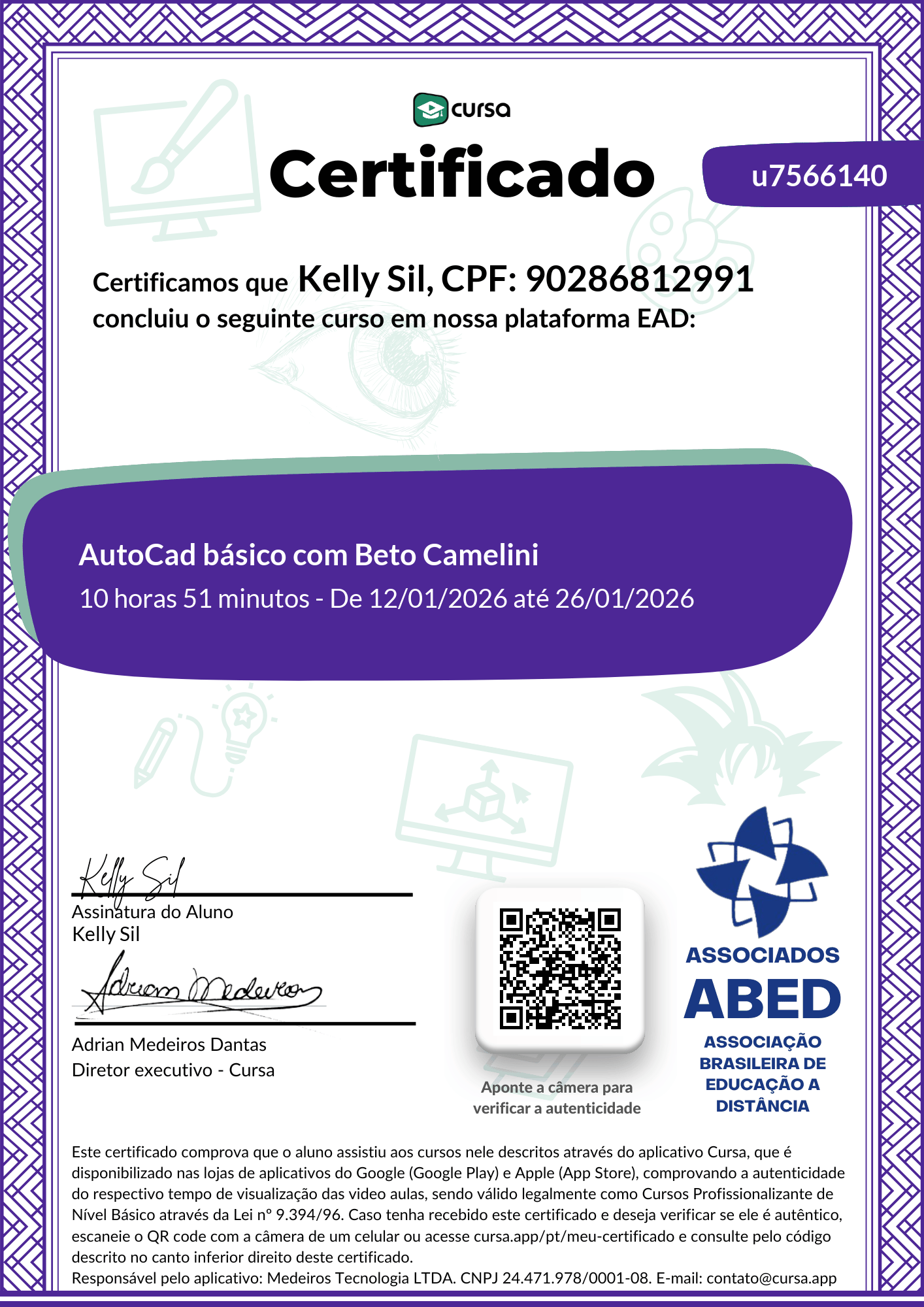 Imagem do meu Certificado gratuito de conclusão de curso.