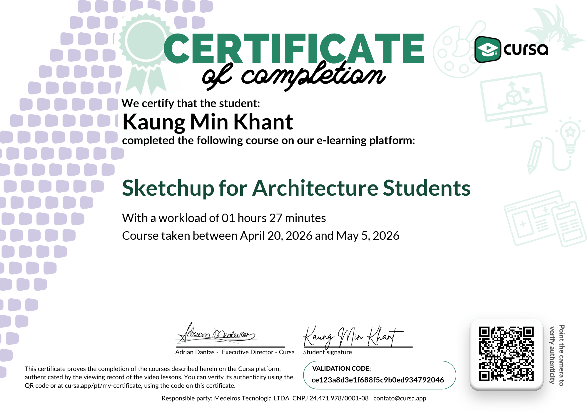 Image of my free Course Completion Certificate.