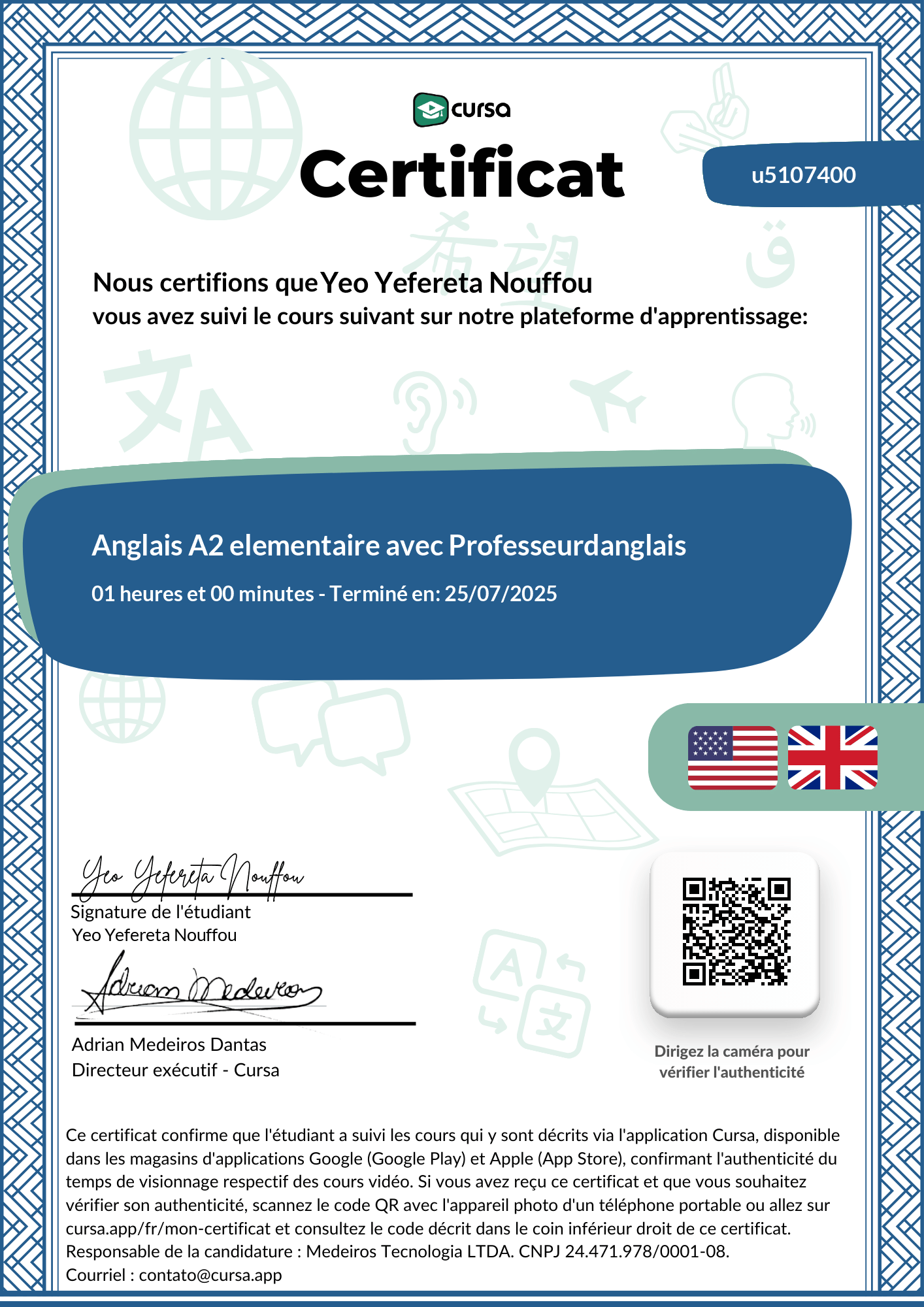 Image de mon certificat de fin de cours gratuit.