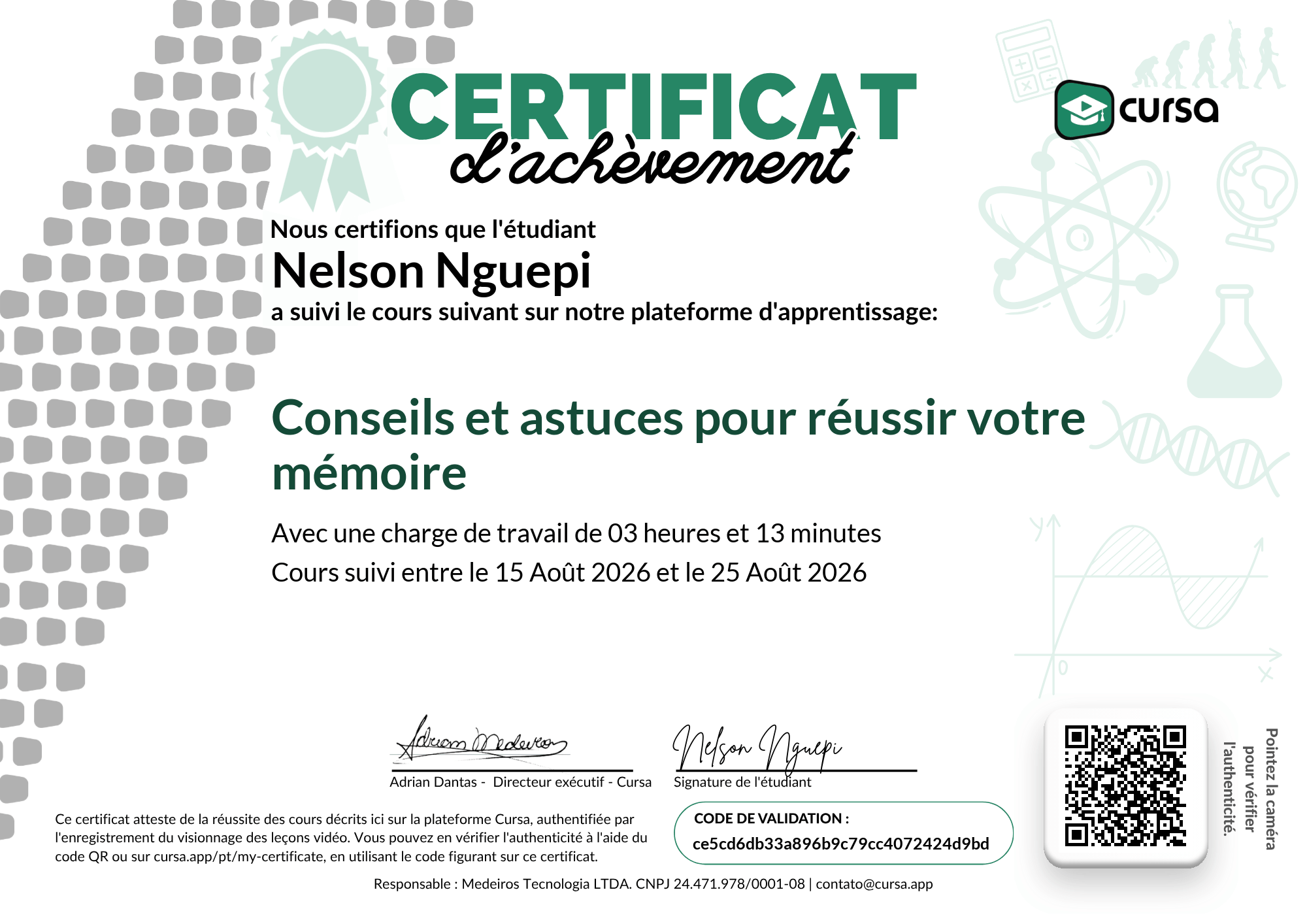 Image de mon certificat de fin de cours gratuit.