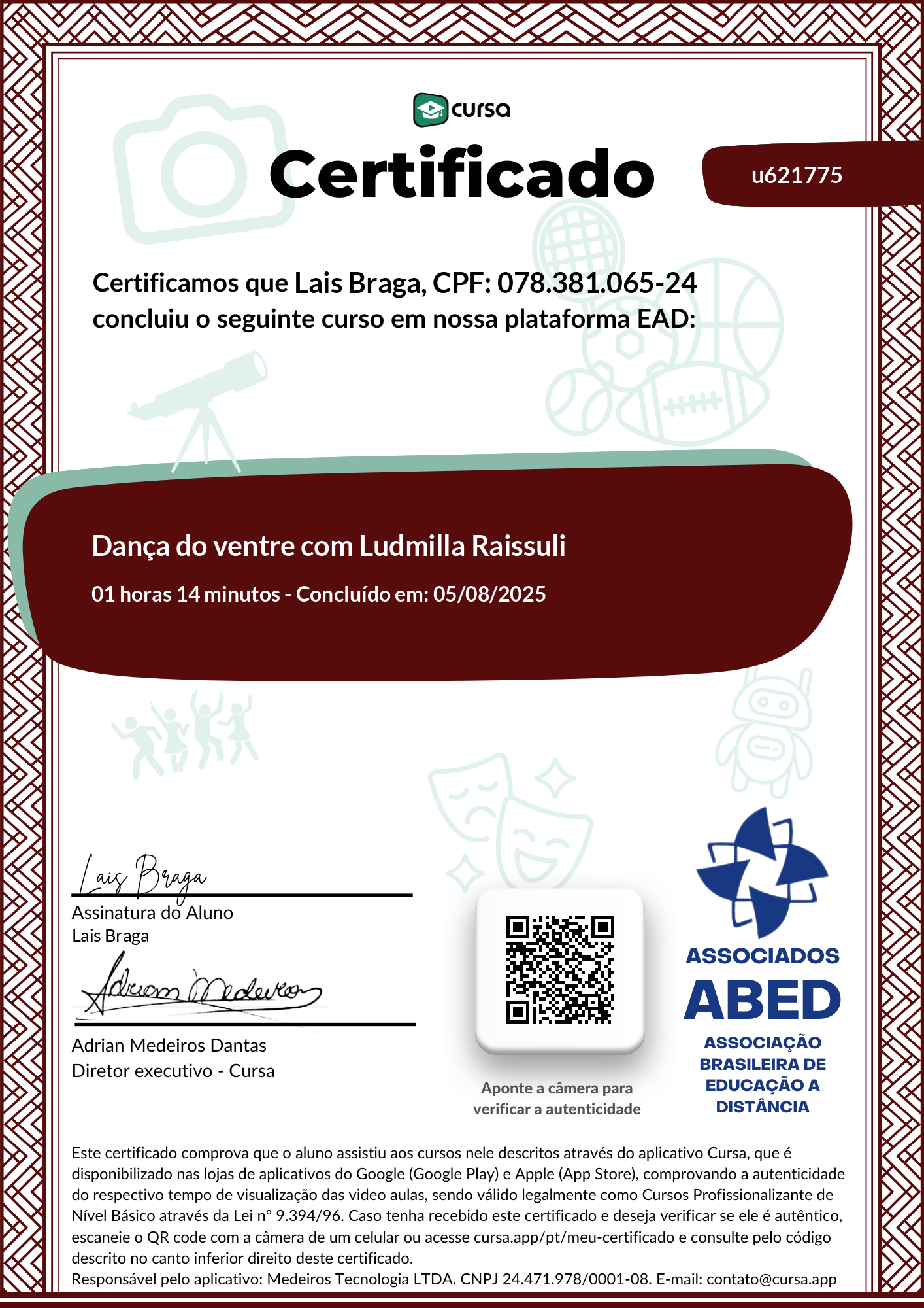 Imagem do meu Certificado gratuito de conclusão de curso.