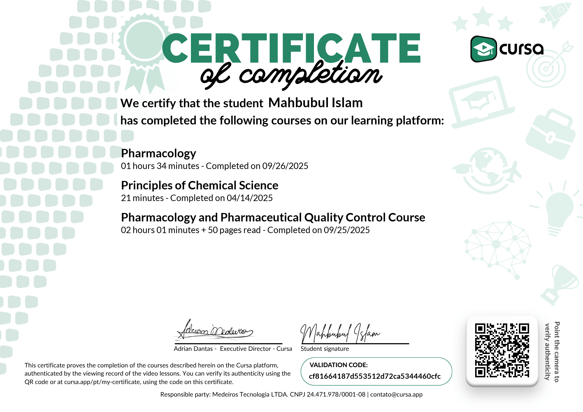Image of my free Course Completion Certificate.