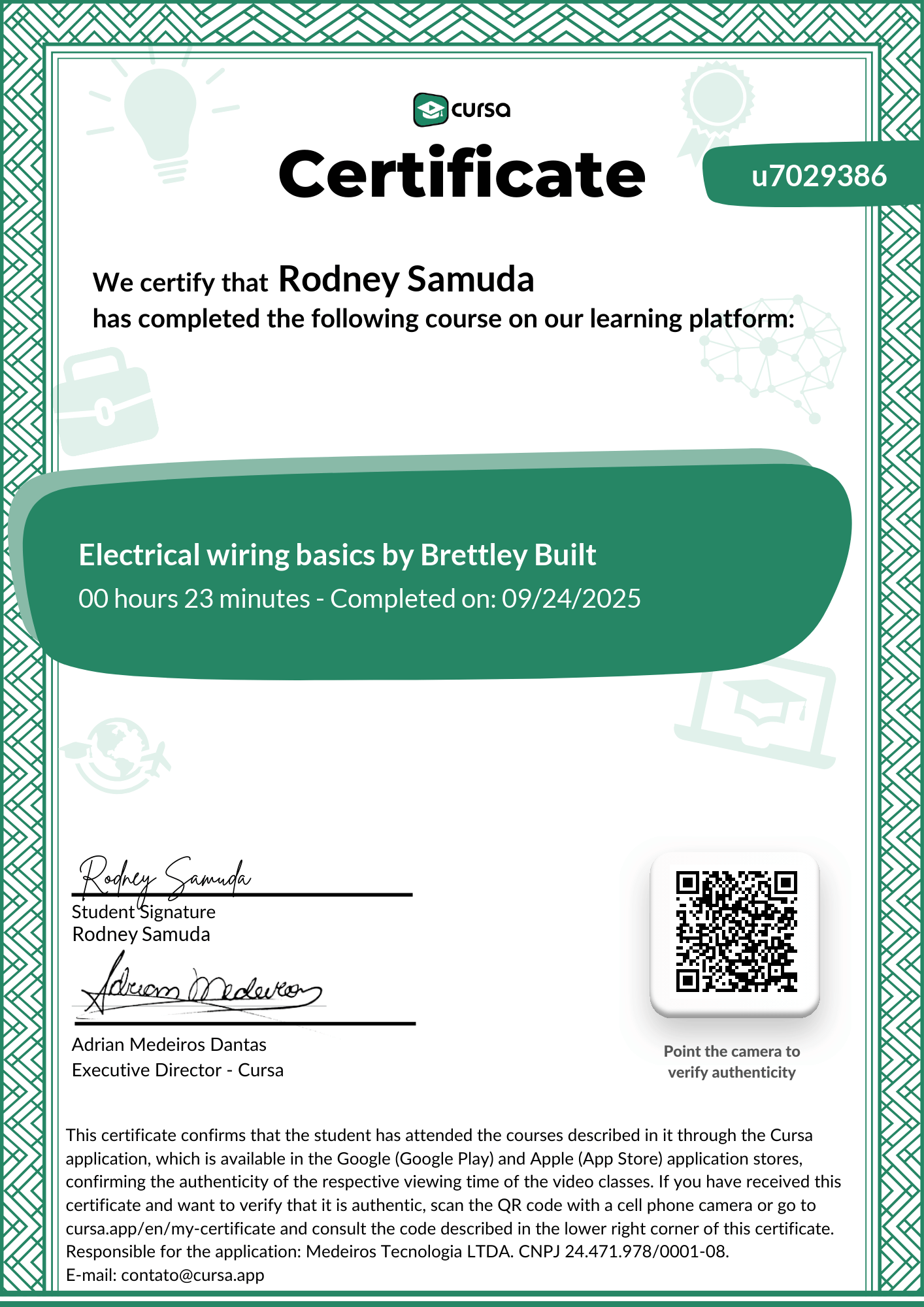 Image of my free Course Completion Certificate.