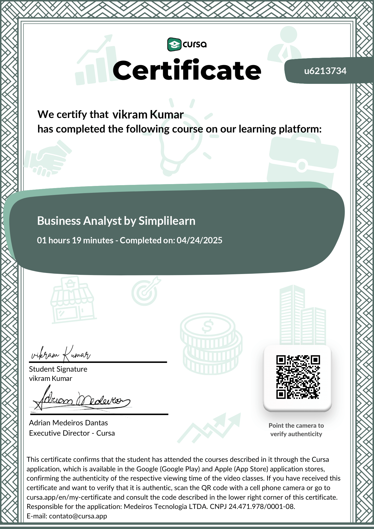 Image of my free Course Completion Certificate.