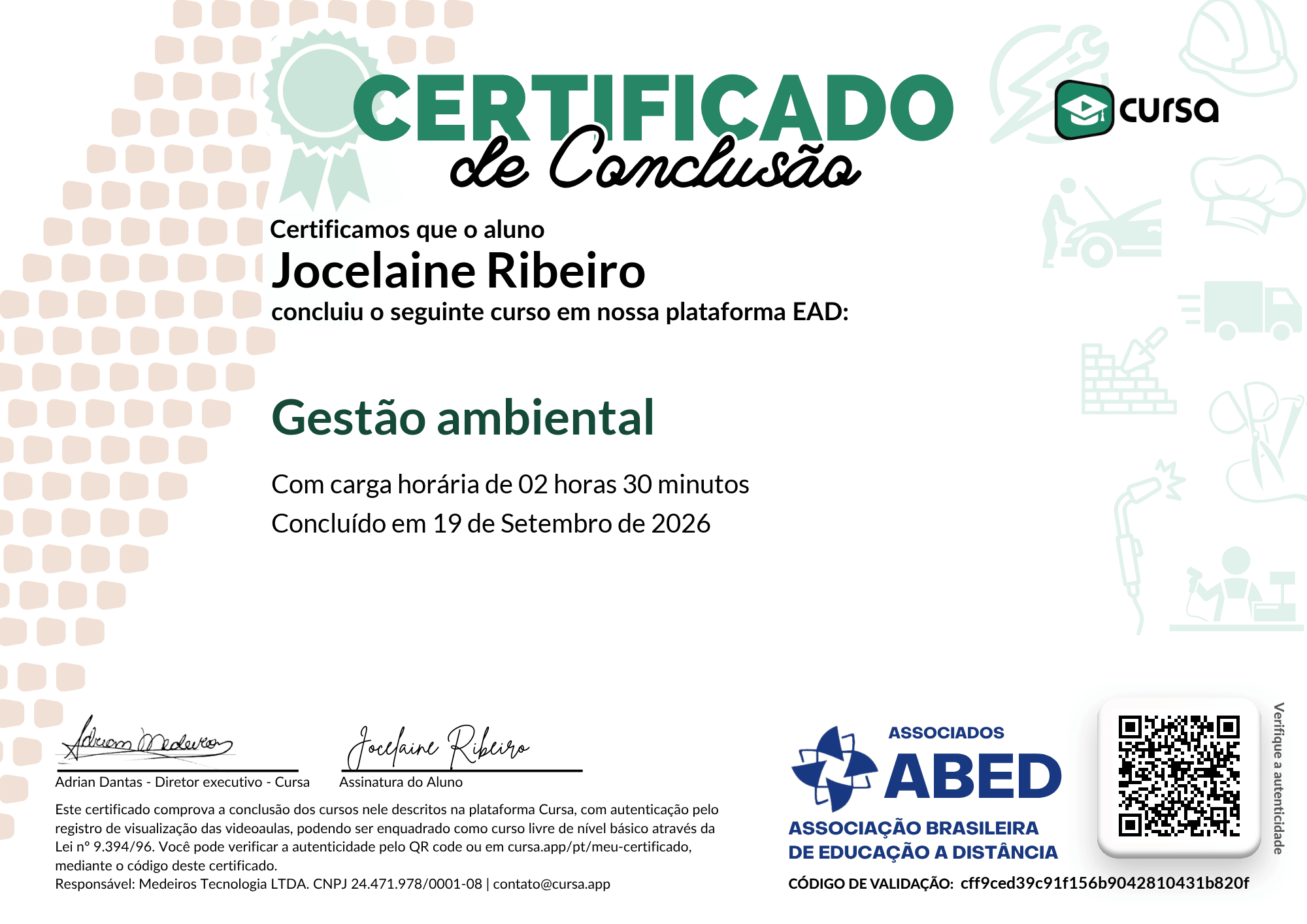 Imagem do meu Certificado gratuito de conclusão de curso.