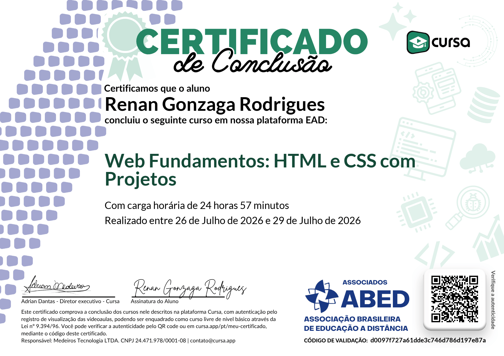 Imagem do meu Certificado gratuito de conclusão de curso.