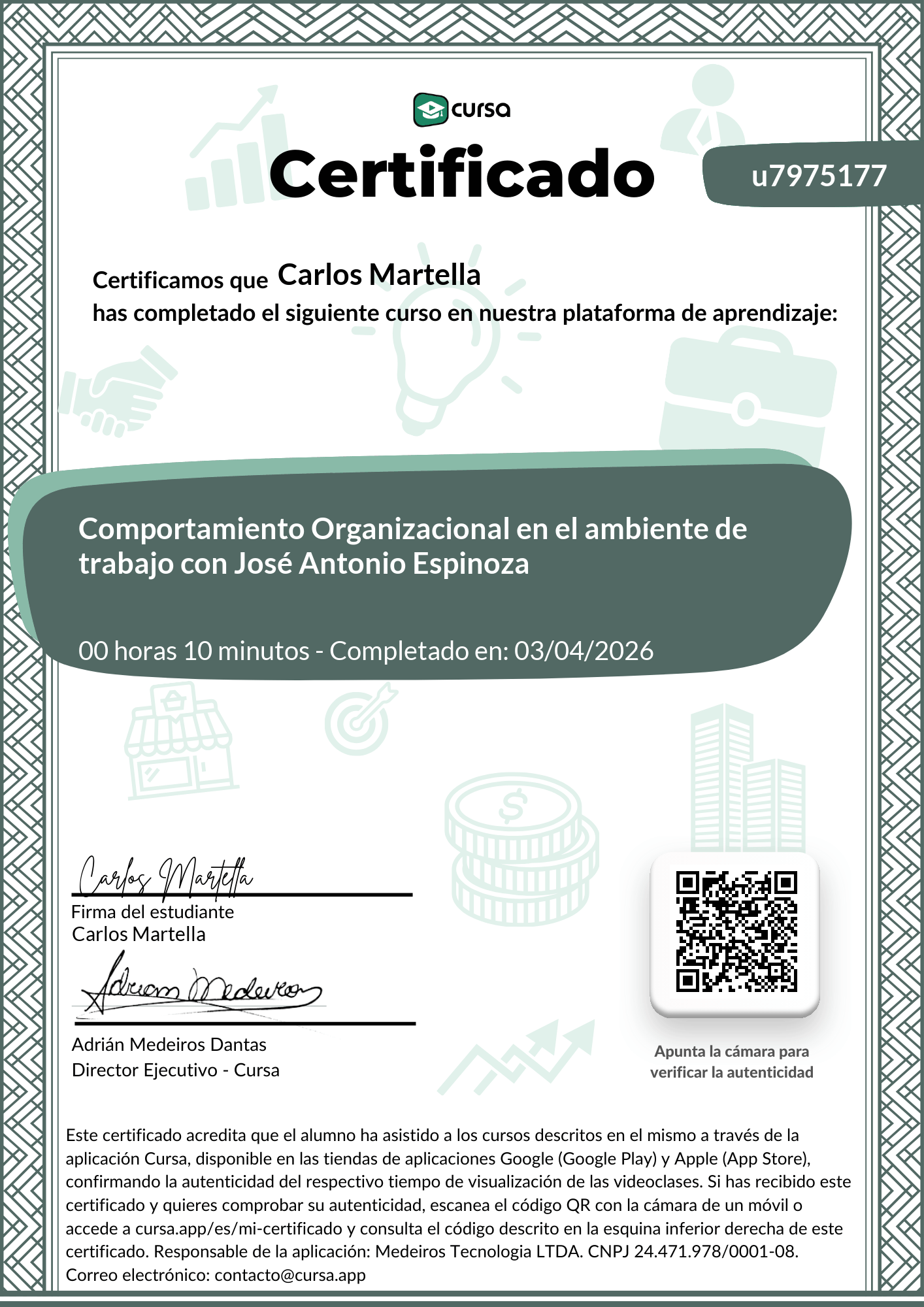 Imagen de mi Certificado de finalización del curso gratuito.