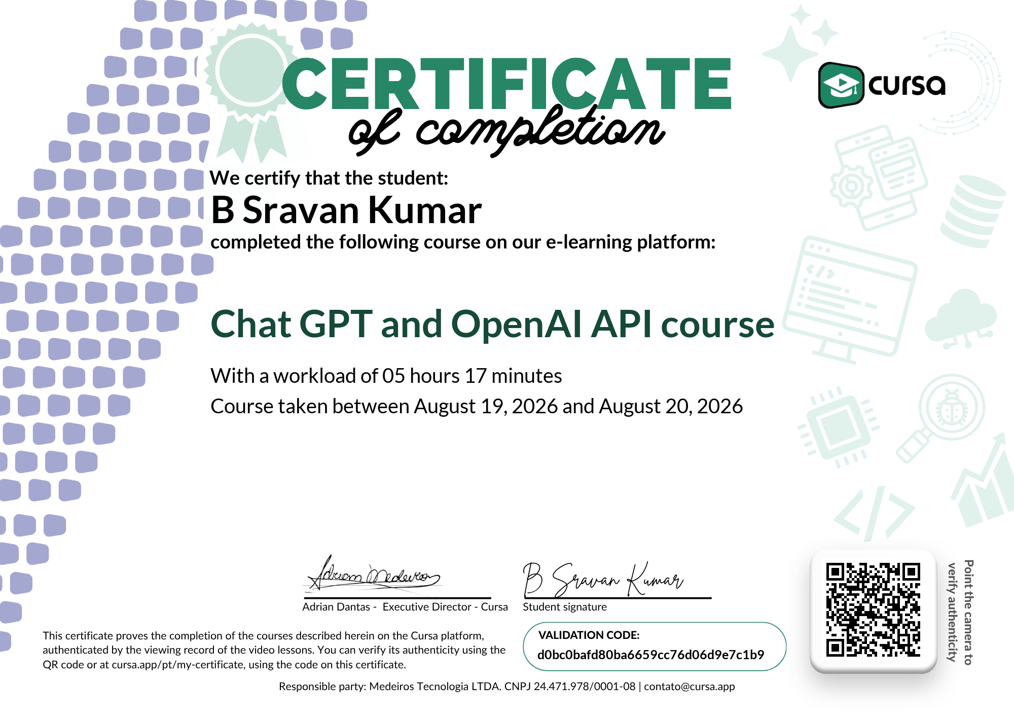 Image of my free Course Completion Certificate.