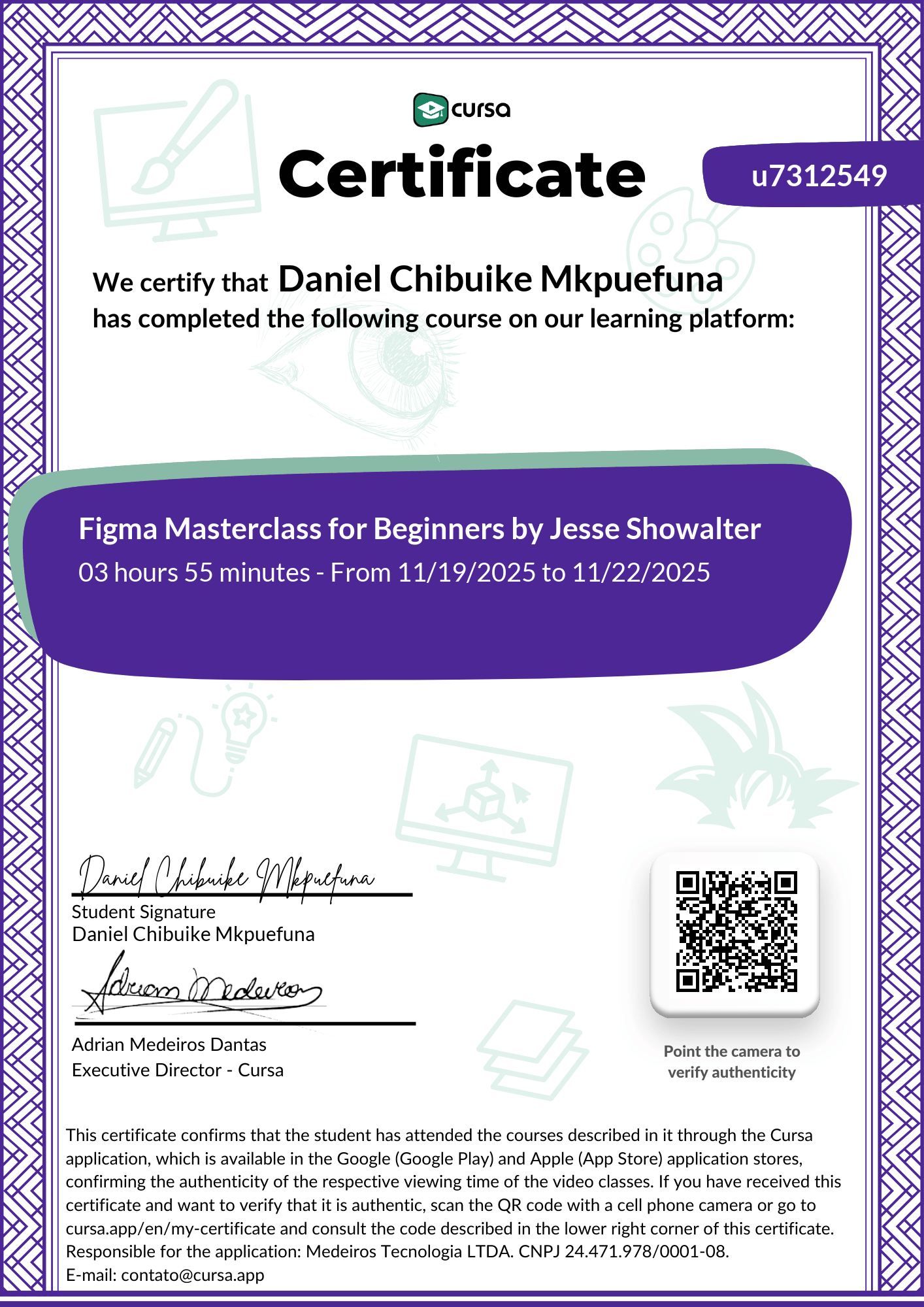 Image of my free Course Completion Certificate.