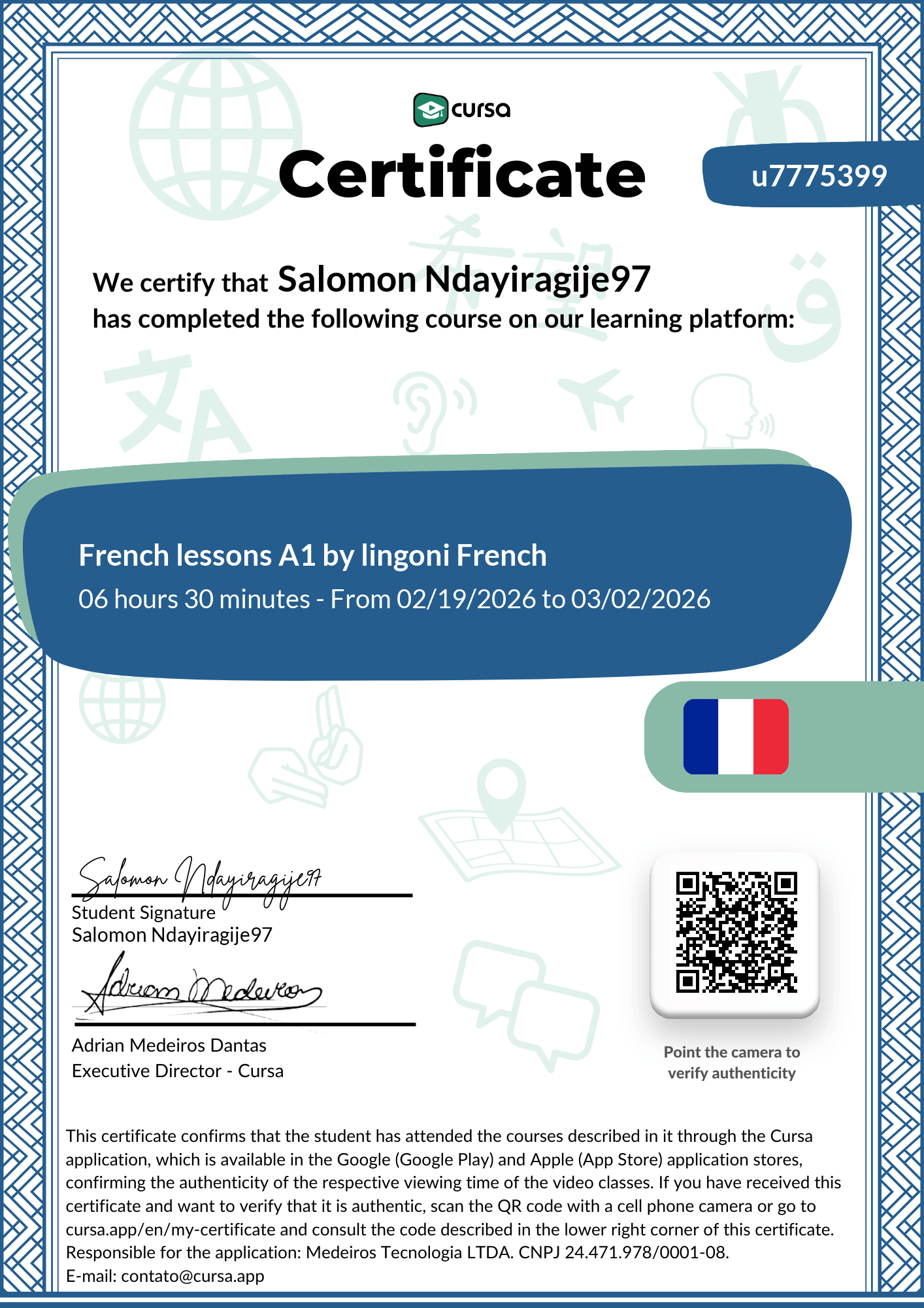 Image of my free Course Completion Certificate.