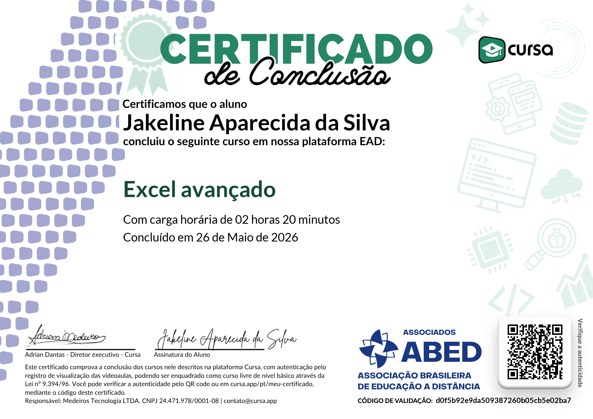 Imagem do meu Certificado gratuito de conclusão de curso.